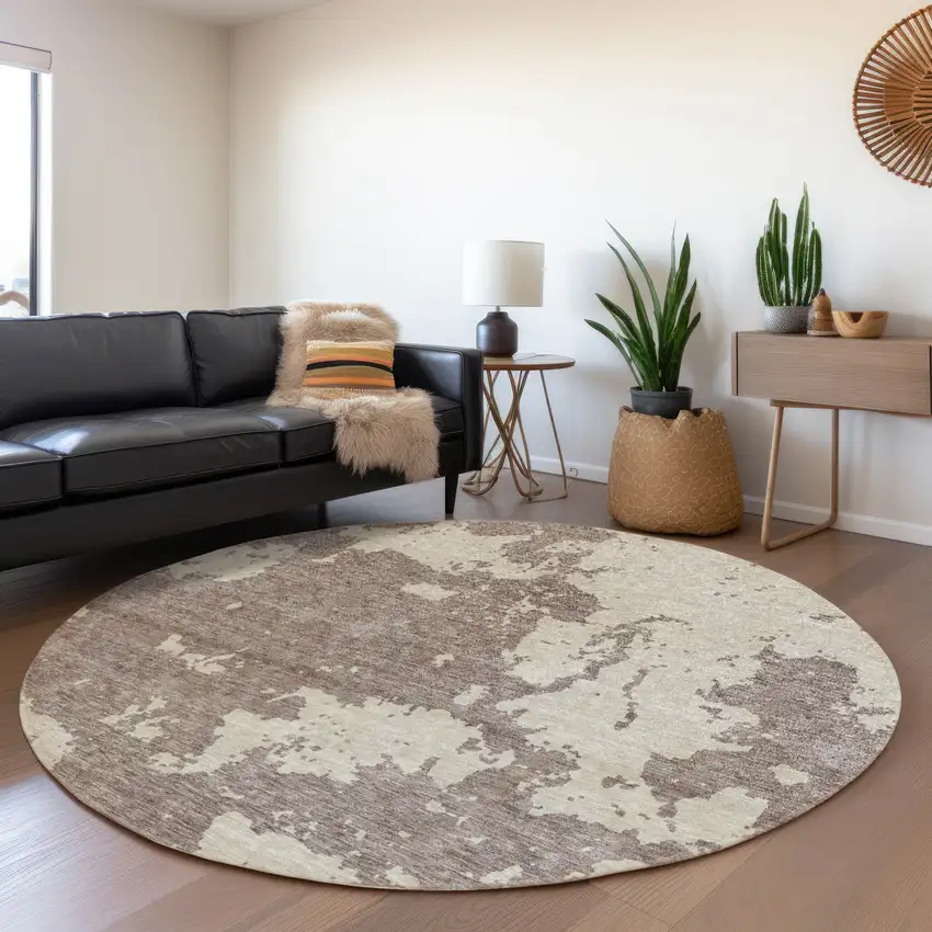 8' Taupe And Beige Abstract Washable Round Rug With UV Protection Photo 5