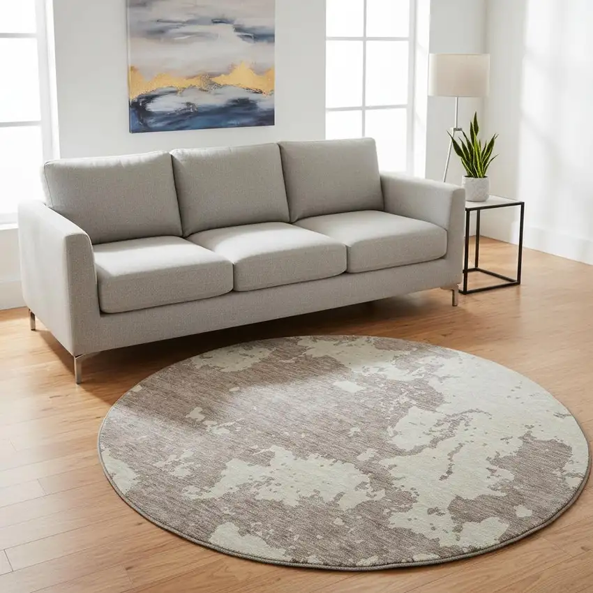 8' Taupe And Beige Abstract Washable Round Rug With UV Protection Photo 2