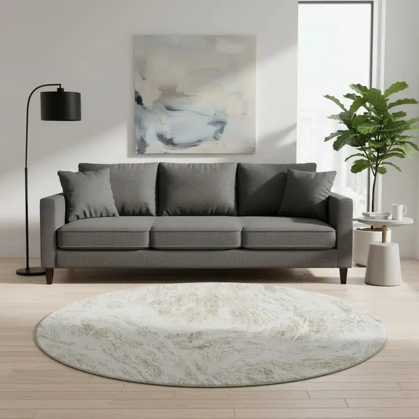 8' Taupe And Beige Abstract Washable Round Rug With UV Protection Photo 2