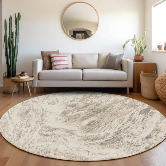 8' Taupe And Beige Abstract Washable Round Rug With UV Protection Photo 4