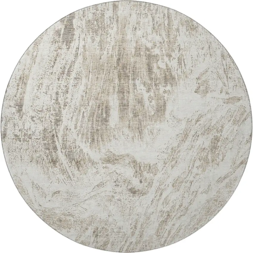 8' Taupe And Beige Abstract Washable Round Rug With UV Protection Photo 3