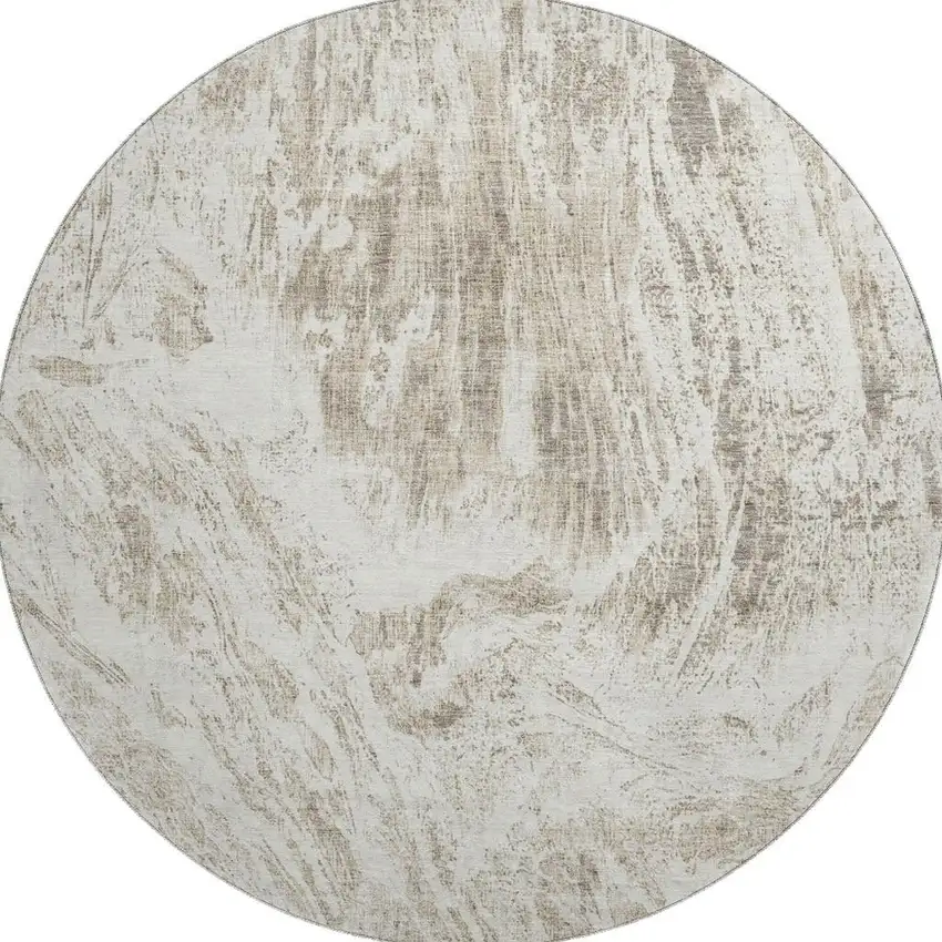 8' Taupe And Beige Abstract Washable Round Rug With UV Protection Photo 2