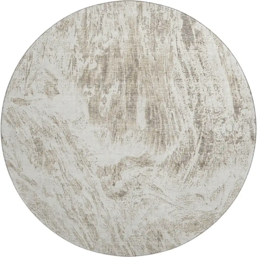 8' Taupe And Beige Abstract Washable Round Rug With UV Protection Photo 1