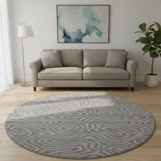 8' Taupe And Beige Abstract Washable Round Rug With UV Protection Photo 2