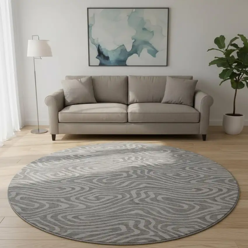 8' Taupe And Beige Abstract Washable Round Rug With UV Protection Photo 2