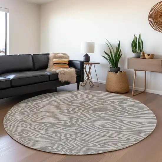 8' Taupe And Beige Abstract Washable Round Rug With UV Protection Photo 4