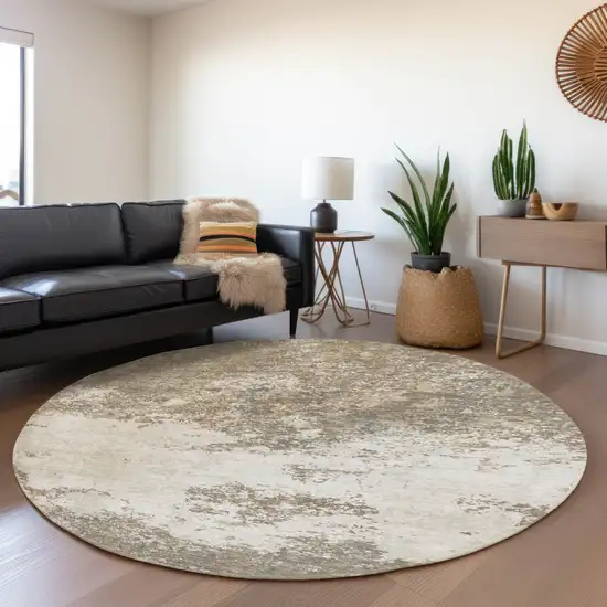 8' Taupe And Beige Abstract Washable Round Rug With UV Protection Photo 4