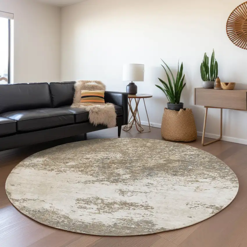8' Taupe And Beige Abstract Washable Round Rug With UV Protection Photo 4