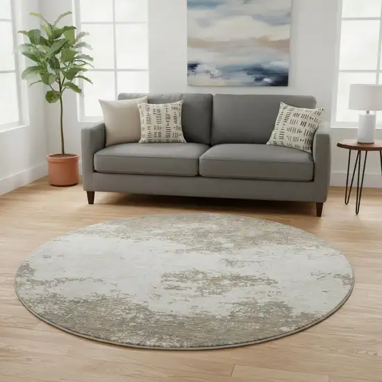 8' Taupe And Beige Abstract Washable Round Rug With UV Protection Photo 2