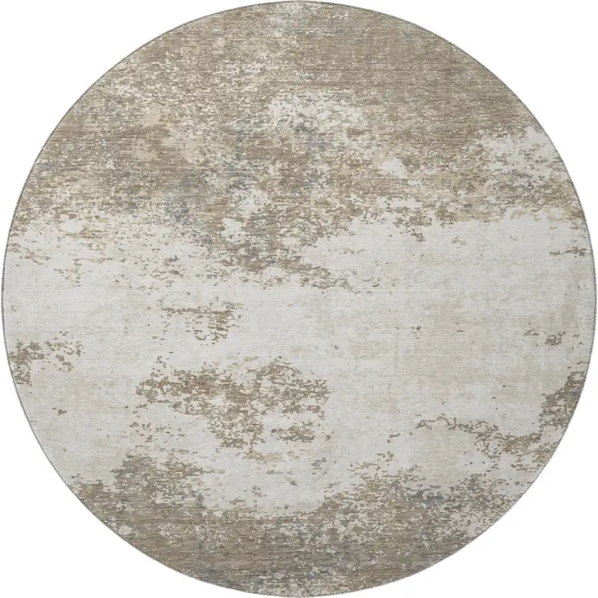 8' Taupe And Beige Abstract Washable Round Rug With UV Protection Photo 3
