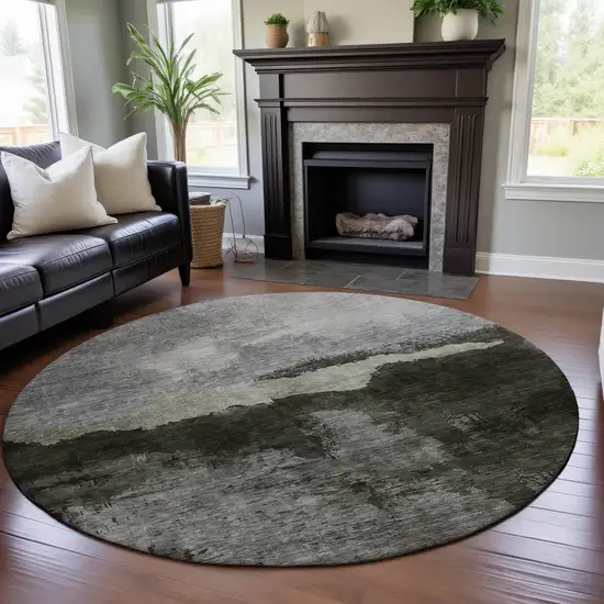 8' Taupe And Beige Abstract Washable Round Rug With UV Protection Photo 4