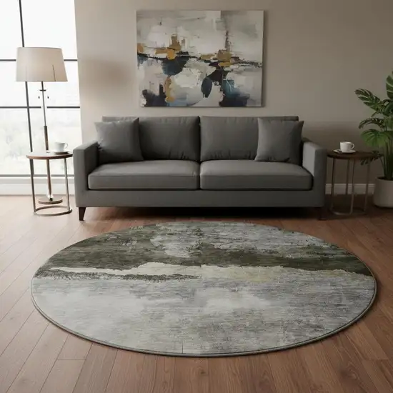 8' Taupe And Beige Abstract Washable Round Rug With UV Protection Photo 2
