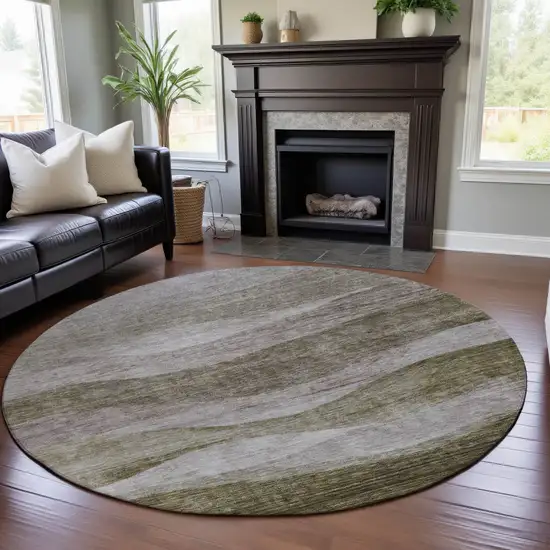 8' Taupe And Beige Abstract Washable Round Rug With UV Protection Photo 4
