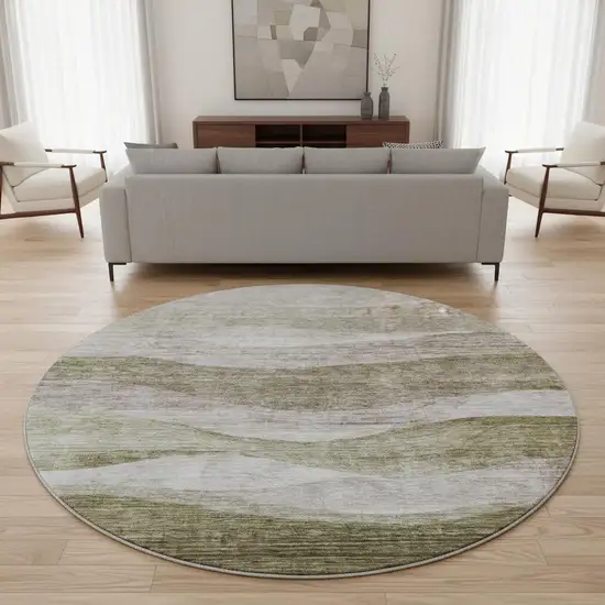 8' Taupe And Beige Abstract Washable Round Rug With UV Protection Photo 2