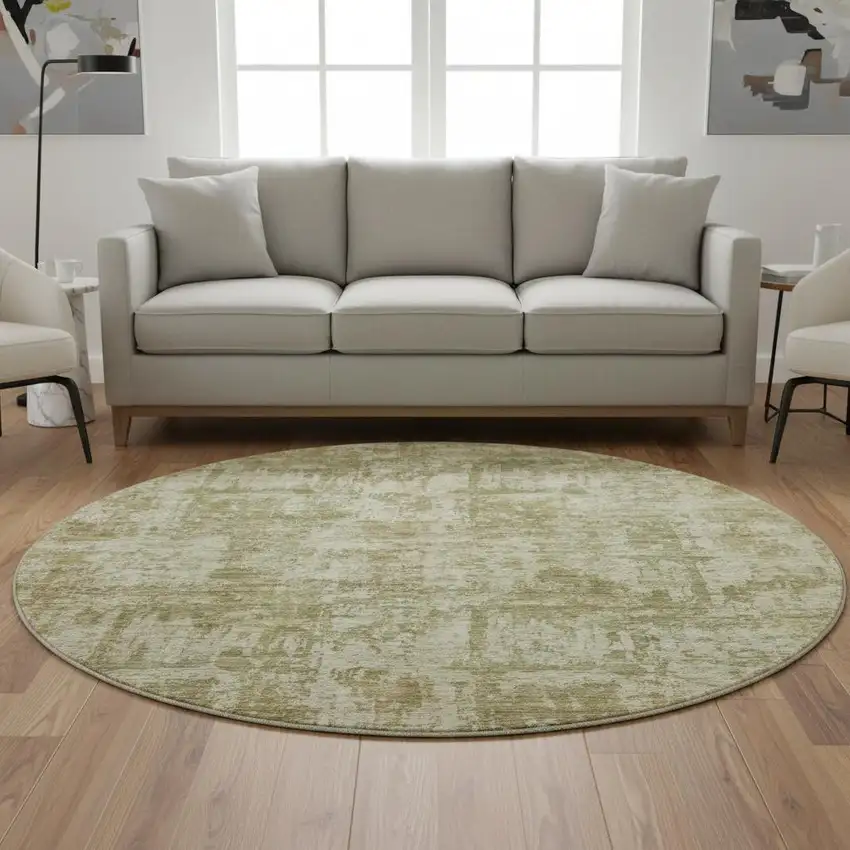 8' Taupe And Beige Abstract Washable Round Rug With UV Protection Photo 2