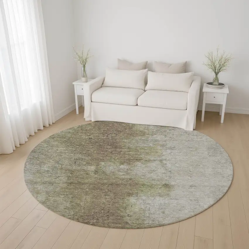 8' Taupe And Beige Abstract Washable Round Rug With UV Protection Photo 4