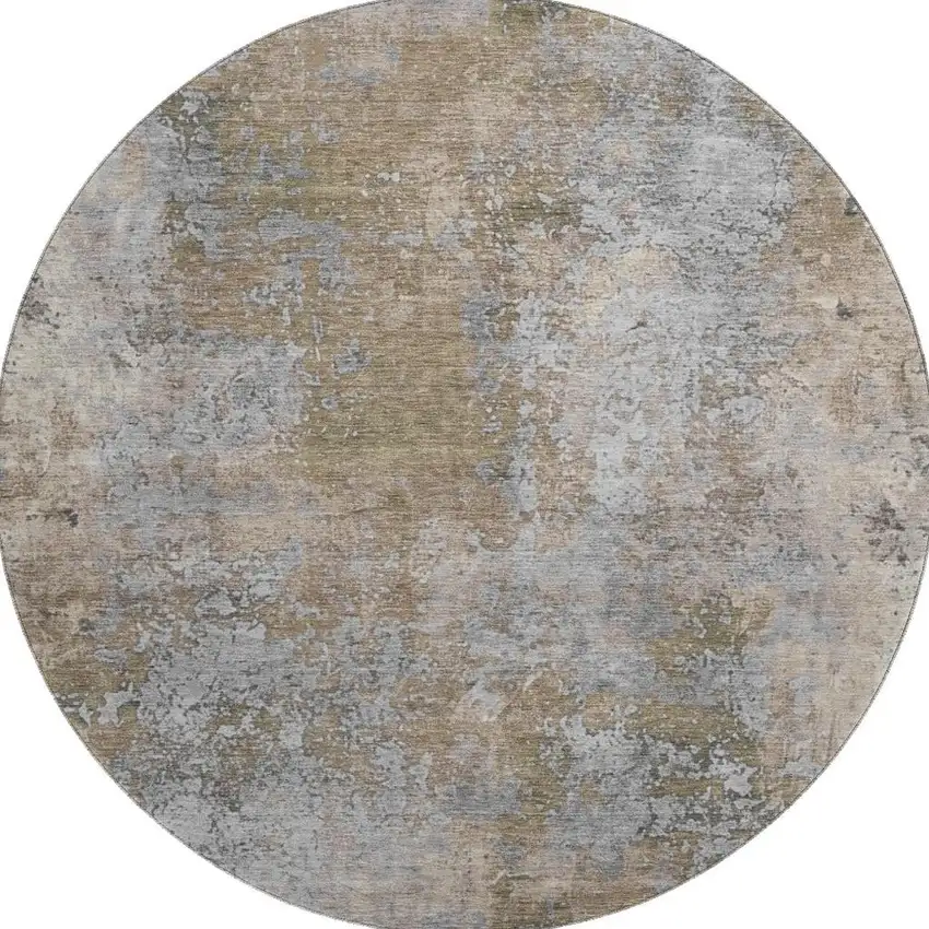 8' Taupe And Beige Abstract Washable Round Rug With UV Protection Photo 2