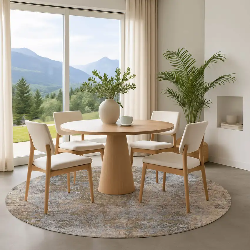 8' Taupe And Beige Abstract Washable Round Rug With UV Protection Photo 4