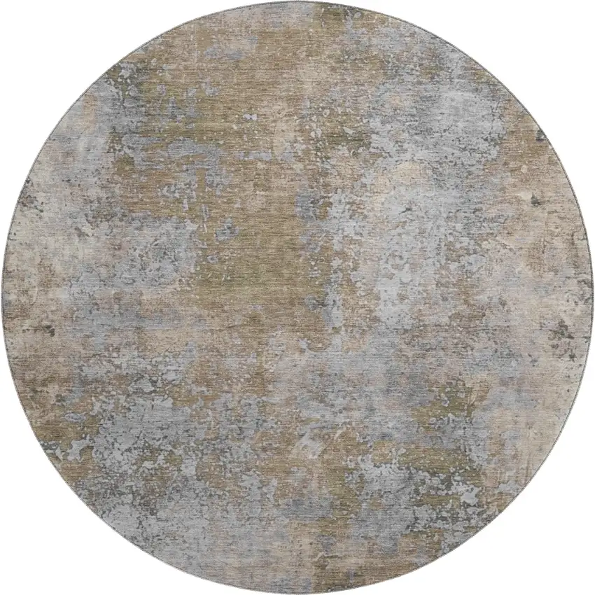 8' Taupe And Beige Abstract Washable Round Rug With UV Protection Photo 1