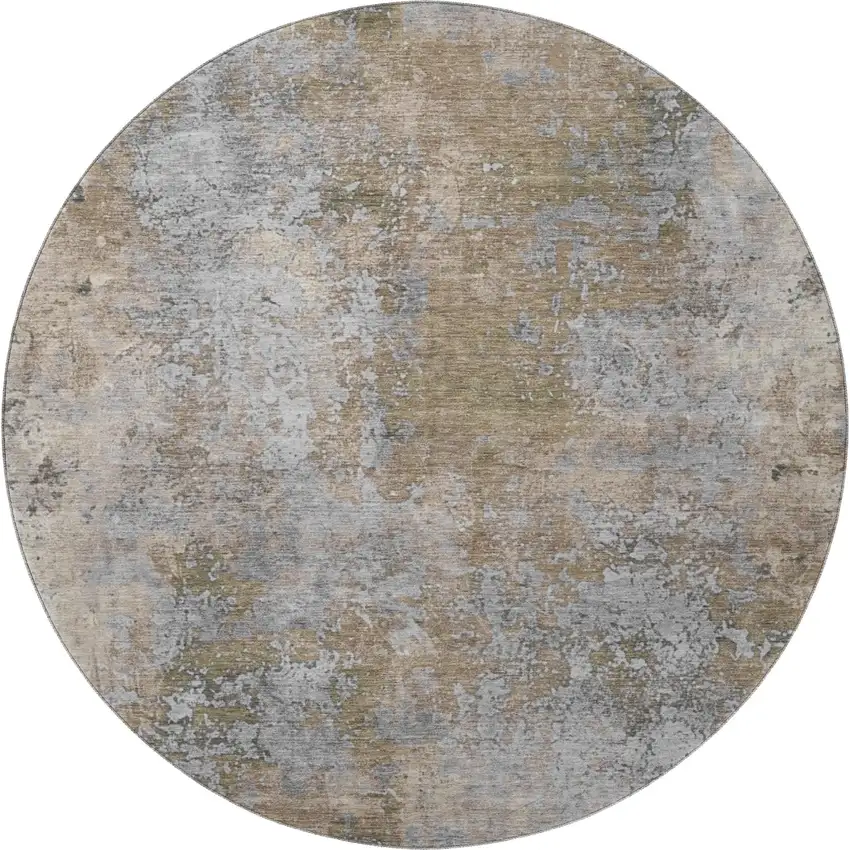 8' Taupe And Beige Abstract Washable Round Rug With UV Protection Photo 3