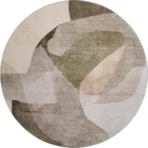 Photo of 8' Taupe And Beige Abstract Washable Round Rug With UV Protection