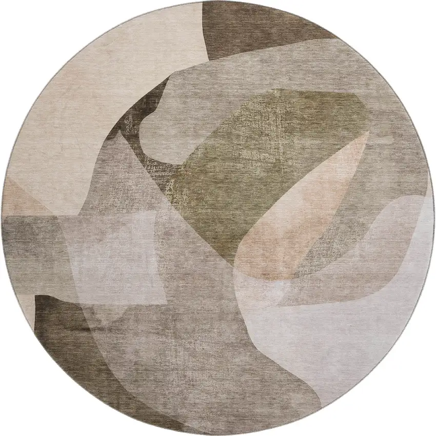 8' Taupe And Beige Abstract Washable Round Rug With UV Protection Photo 1