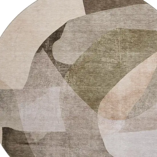 8' Taupe And Beige Abstract Washable Round Rug With UV Protection Photo 3