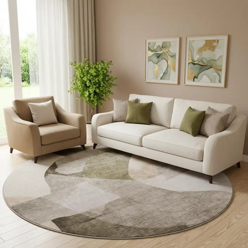 8' Taupe And Beige Abstract Washable Round Rug With UV Protection Photo 2