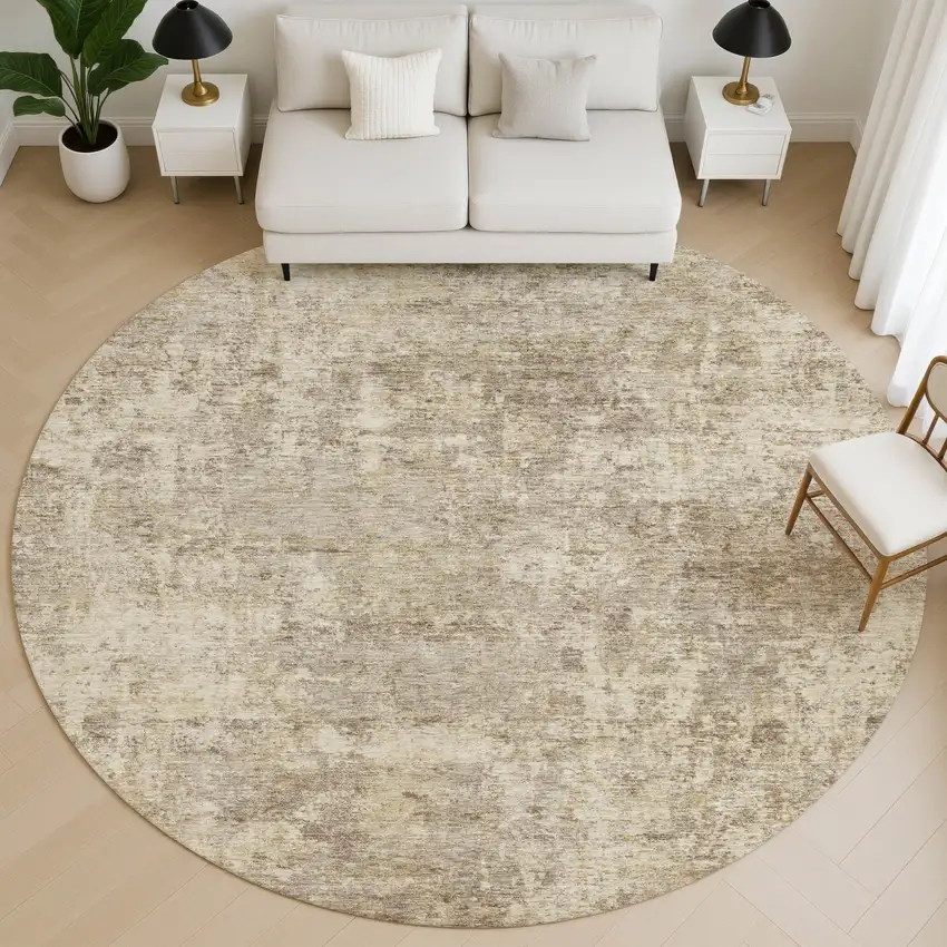 8' Taupe And Beige Abstract Washable Round Rug With UV Protection Photo 5