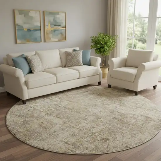 8' Taupe And Beige Abstract Washable Round Rug With UV Protection Photo 2