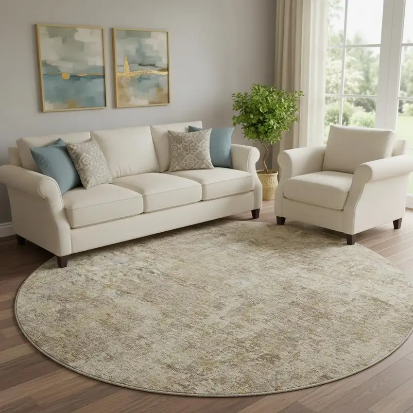 8' Taupe And Beige Abstract Washable Round Rug With UV Protection Photo 2