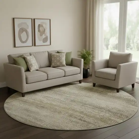 8' Taupe And Beige Abstract Washable Round Rug With UV Protection Photo 2