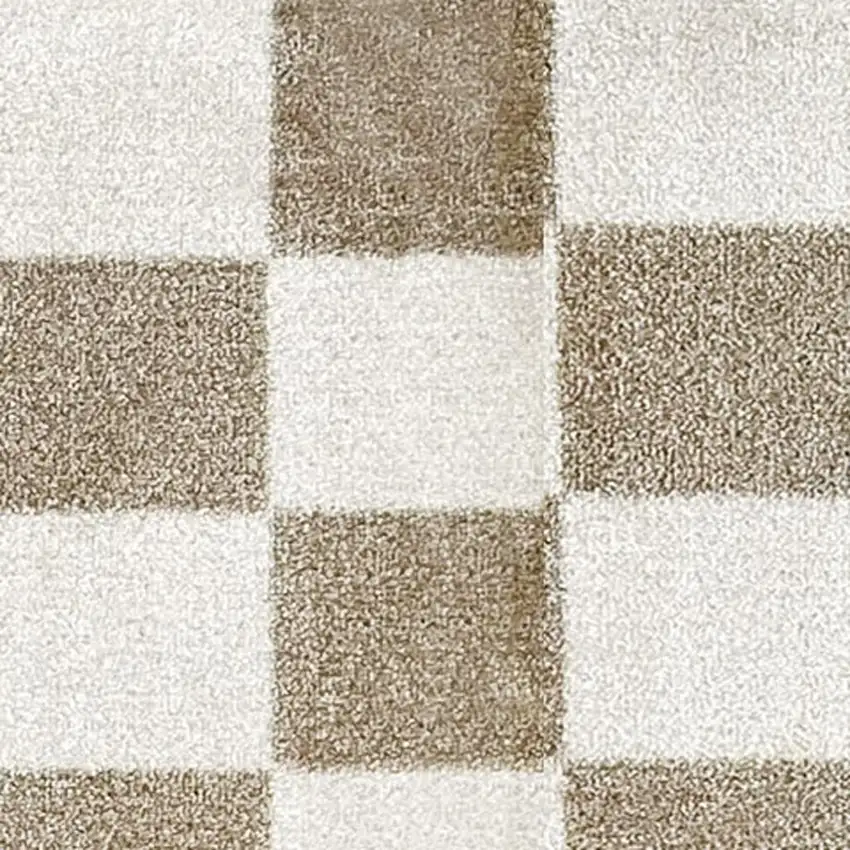 6' Taupe And Beige Checkered Washable Runner Rug With UV Protection Photo 4