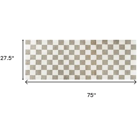6' Taupe And Beige Checkered Washable Runner Rug With UV Protection Photo 5