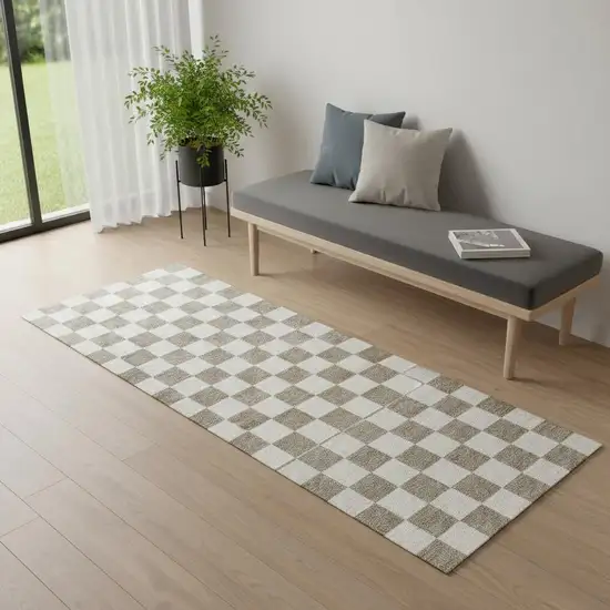 6' Taupe And Beige Checkered Washable Runner Rug With UV Protection Photo 1