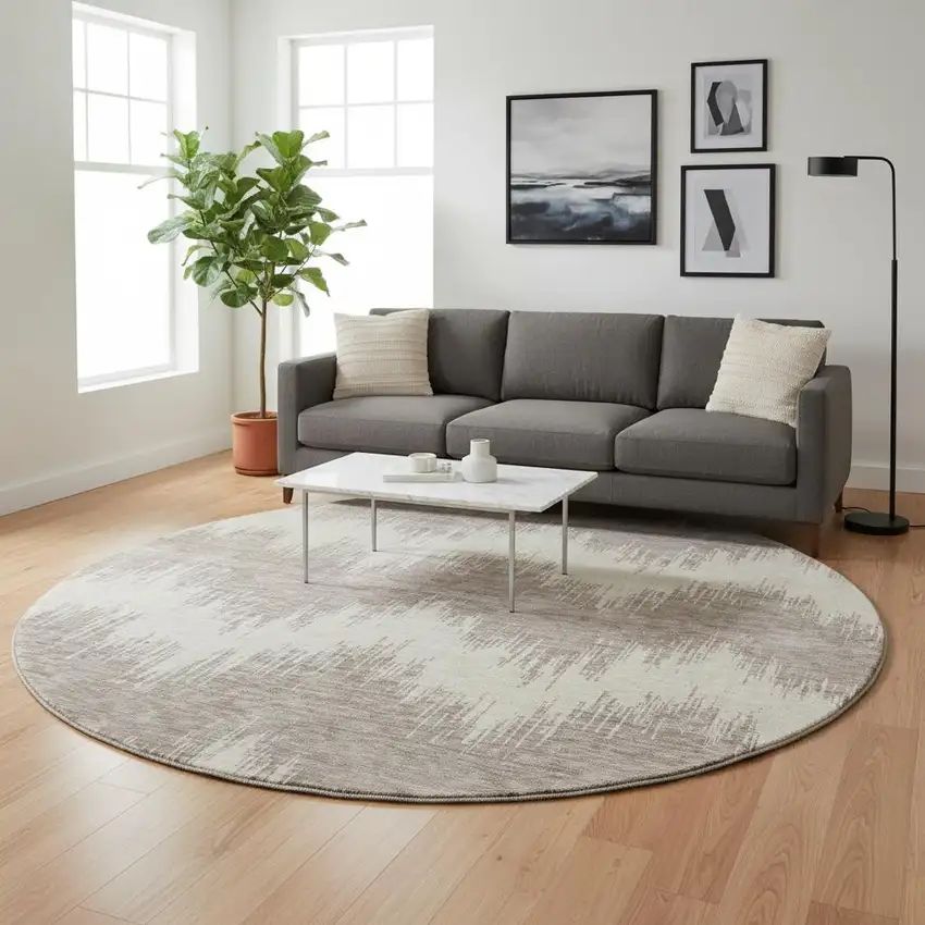 8' Taupe And Beige Chevron Washable Round Rug With UV Protection Photo 2