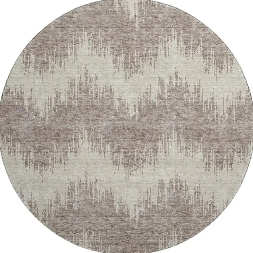 8' Taupe And Beige Chevron Washable Round Rug With UV Protection Photo 4