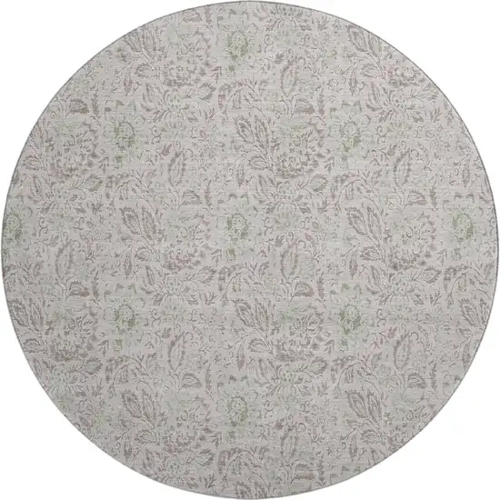 8' Taupe And Beige Floral Washable Round Rug With UV Protection Photo 1
