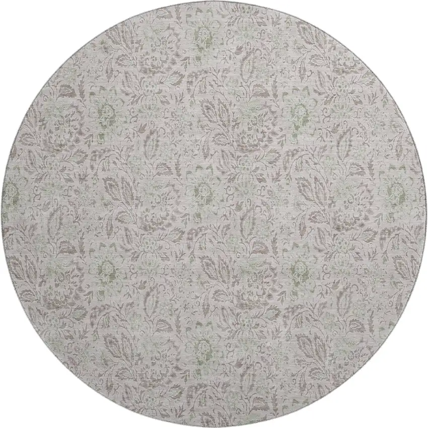 8' Taupe And Beige Floral Washable Round Rug With UV Protection Photo 1