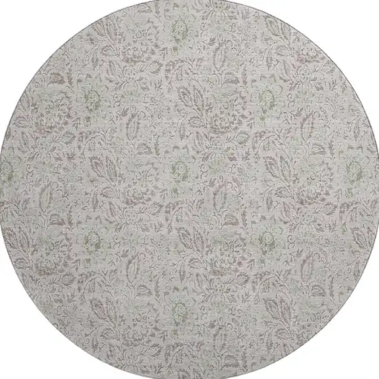 8' Taupe And Beige Floral Washable Round Rug With UV Protection Photo 3