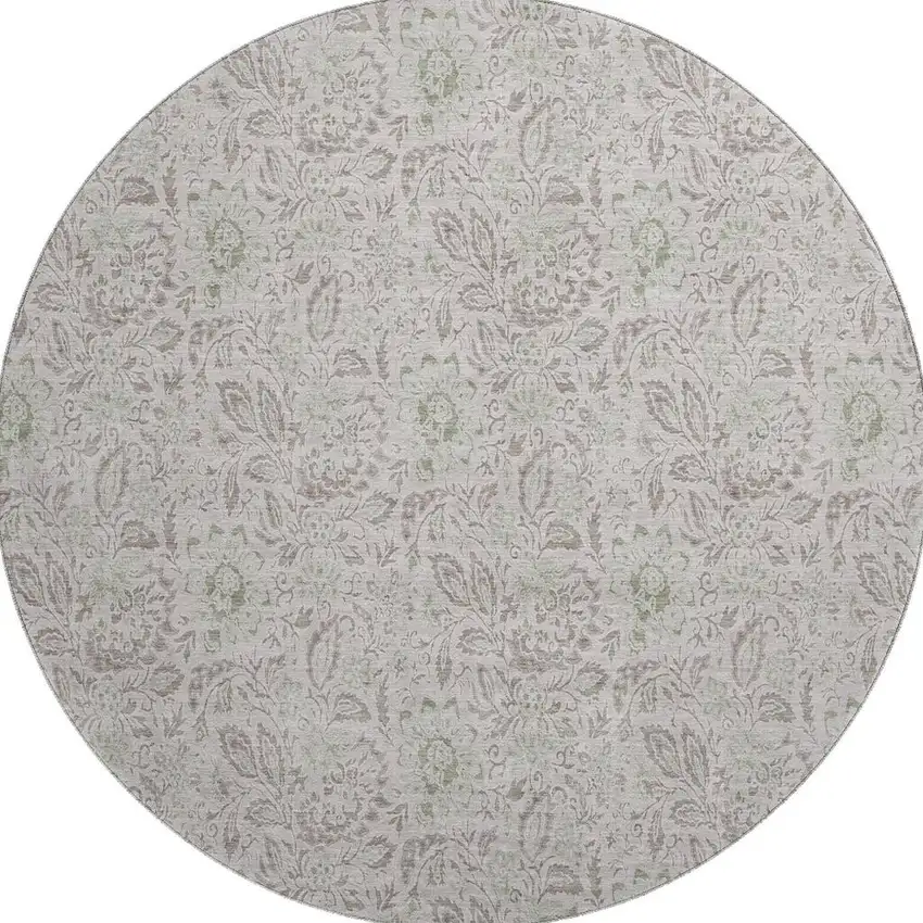 8' Taupe And Beige Floral Washable Round Rug With UV Protection Photo 3