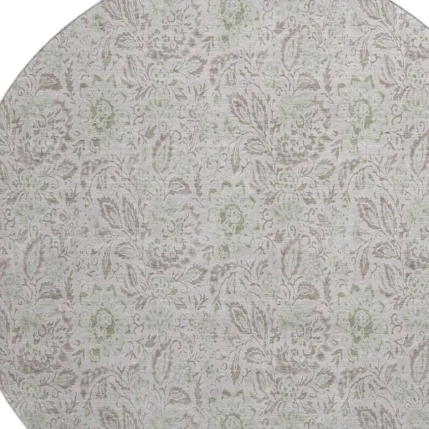 8' Taupe And Beige Floral Washable Round Rug With UV Protection Photo 2