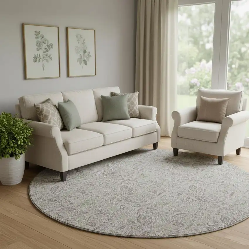 8' Taupe And Beige Floral Washable Round Rug With UV Protection Photo 1