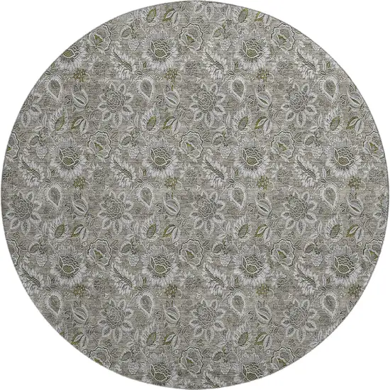 8' Taupe And Beige Floral Washable Round Rug With UV Protection Photo 1