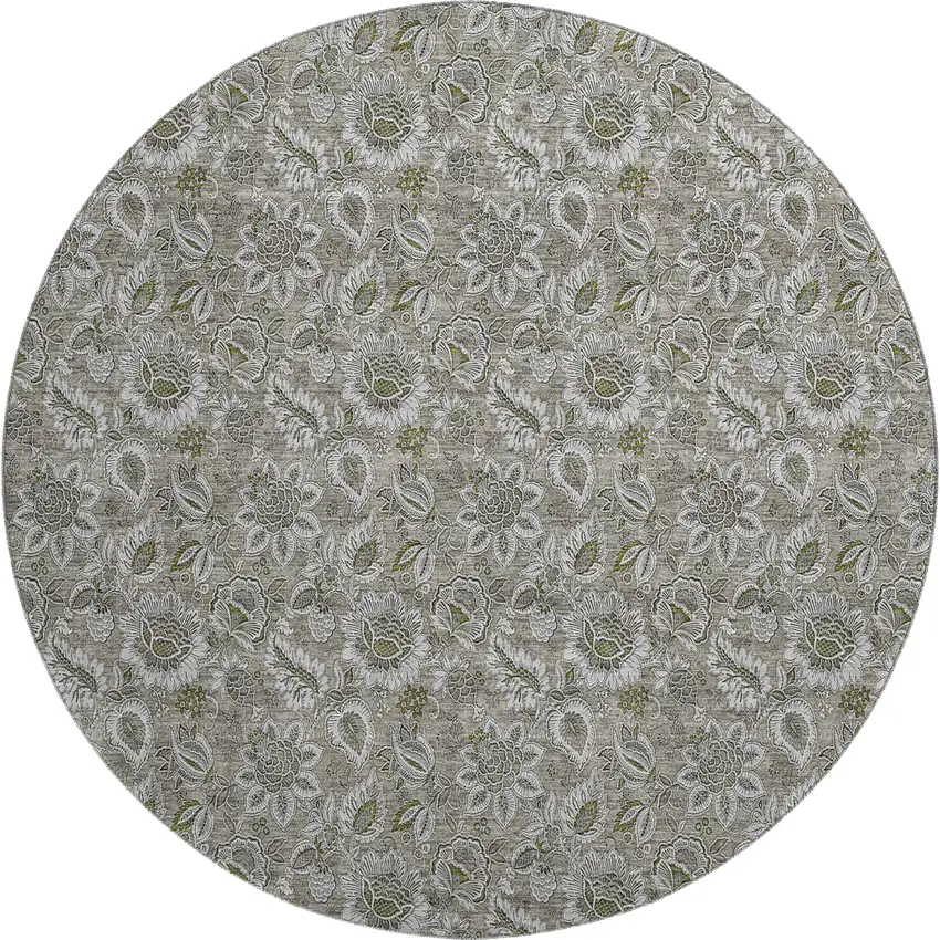 8' Taupe And Beige Floral Washable Round Rug With UV Protection Photo 1