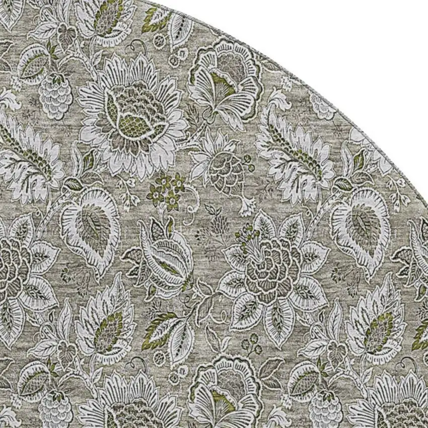 8' Taupe And Beige Floral Washable Round Rug With UV Protection Photo 2