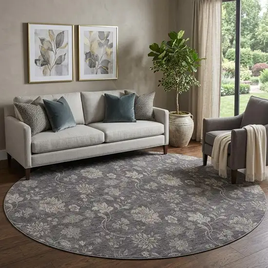 8' Taupe And Beige Floral Washable Round Rug With UV Protection Photo 1