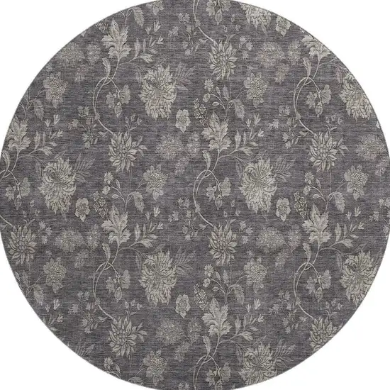 8' Taupe And Beige Floral Washable Round Rug With UV Protection Photo 4