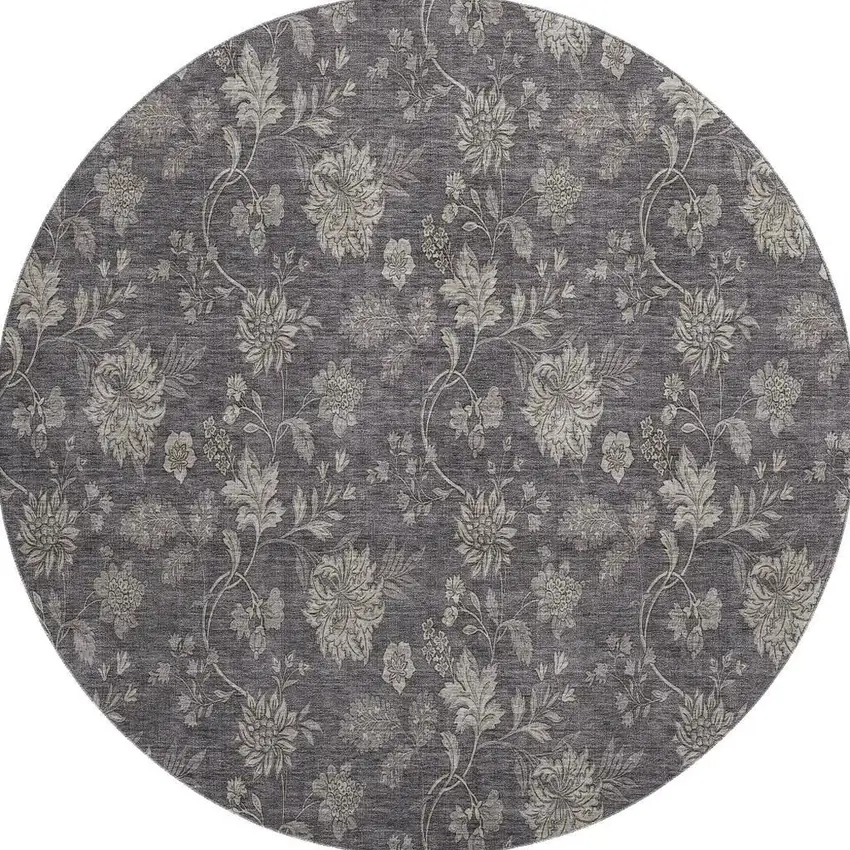 8' Taupe And Beige Floral Washable Round Rug With UV Protection Photo 4