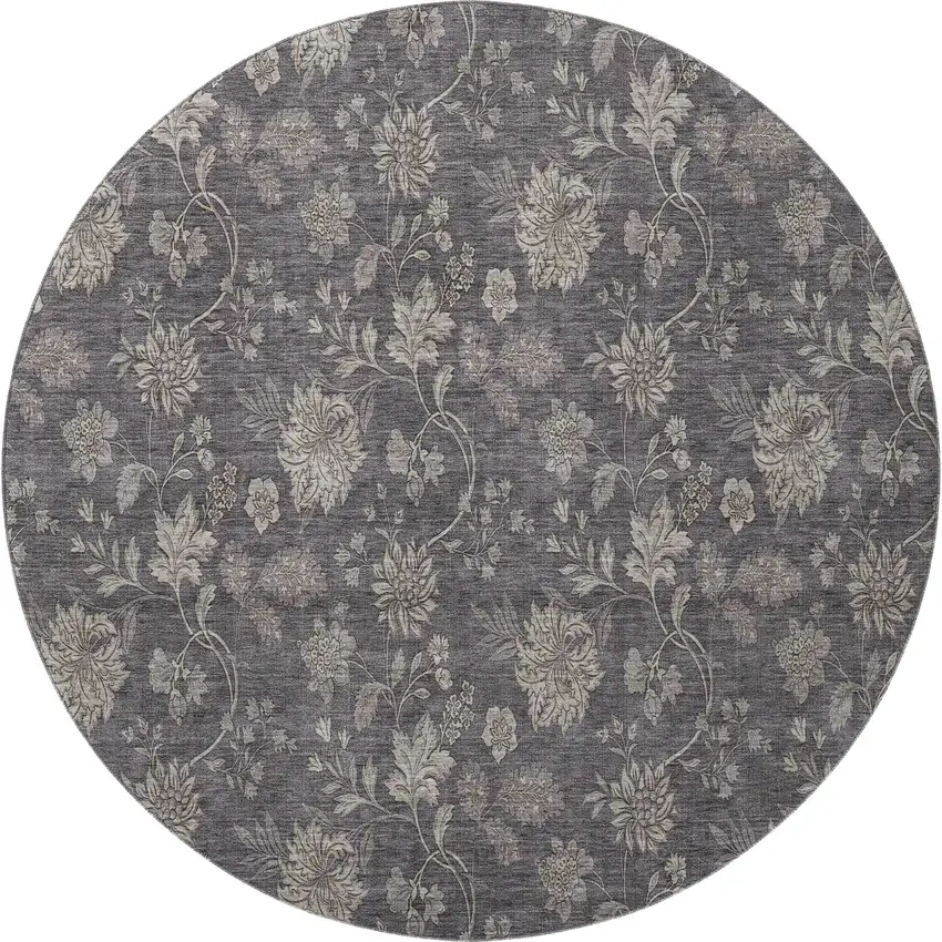 8' Taupe And Beige Floral Washable Round Rug With UV Protection Photo 3